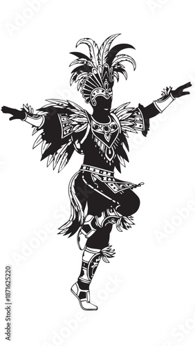 Traditional dancer in elaborate feathered headdress performing ceremonial costume.