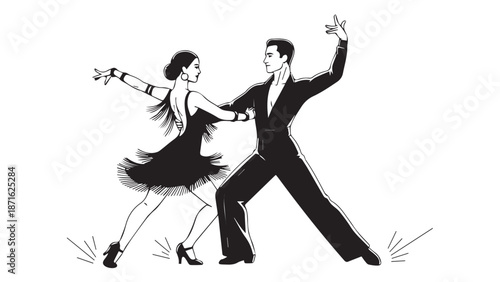 Dancing Couple in a Black and White Illustration Showcasing Ballroom Style and Joy.