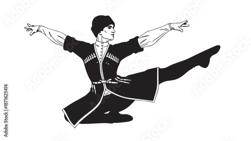 Dynamic martial artist performing a high flying kick in a traditional uniform.