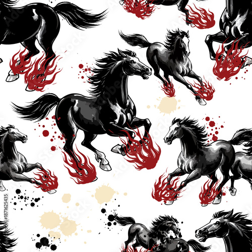  Lunar New Year Seamless Pattern of Black Horses with Fiery Hooves Galloping. EPS Editable