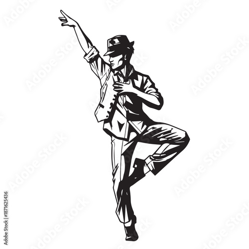 Elegant man dancing in a vintage suit with hat in a stylish dynamic pose.