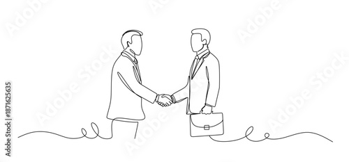 Minimal line art illustration of two business men shaking hands symbolizing partnership agreement, trust, teamwork, cooperation, and professional corporate