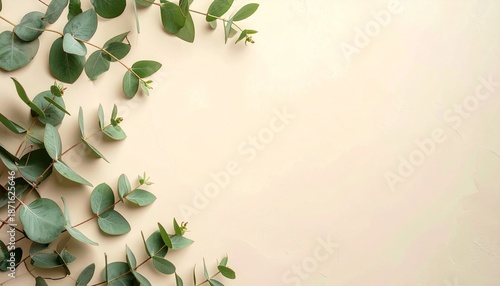 Eucalyptus leaves on beige background. Fresh green eucalyptus branches. Natural leafy plant. Texture with foliage. Botanical element. Decorative border. Vector illustration. Seamless