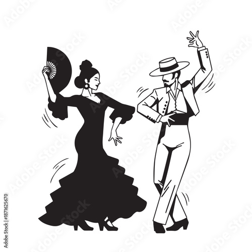 Stylized black and white illustration of a man and woman dancing in vintage attire.