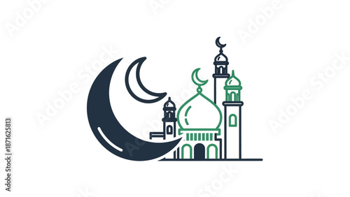 Ramadan and Eid crescent moon with mosque illustration celebrating Islamic culture and religious traditions