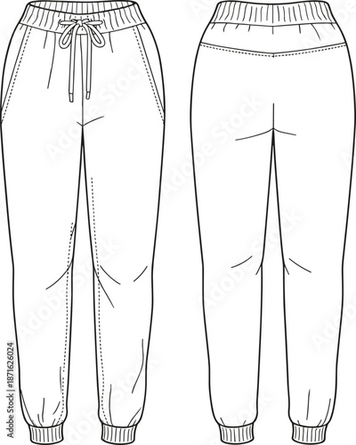 Technical fashion flat sketch of unisex drawstring jogger pants with elastic waistband ribbed cuffs side pockets and back yoke detail