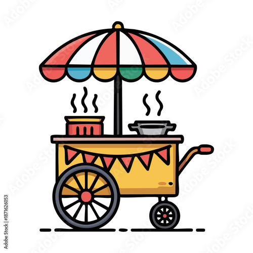 Vector Illustration of a Street Food Vendor Cart with Parasol and Bunting Icon
