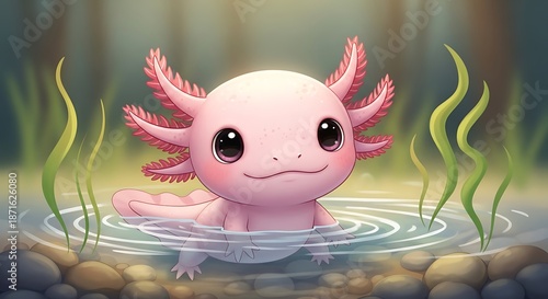 Charming Axolotl in Pond - A Cute Amphibian Portrait.