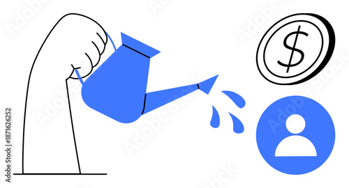 Investment, financial growth, funding opportunities, nurturing ideas, business development, wealth creation. Hand pouring water from a watering can onto a dollar and user icon. Investment