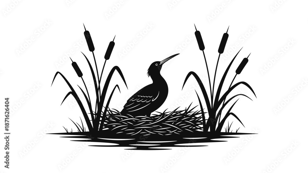 Naklejka premium Black Silhouette of Heron in Nest.