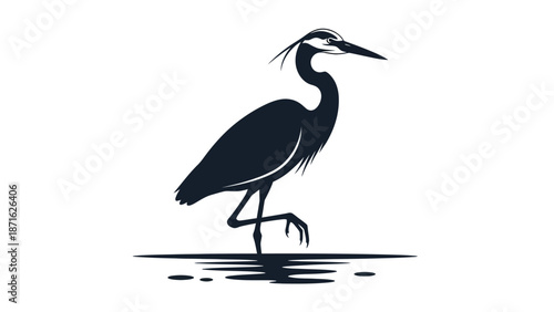 Black Silhouette of Heron Standing Water.
