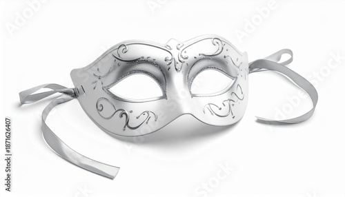 Silver masquerade mask. Carnival mask. Venetian style. Ornate design. White background. Mask for costume party. Fancy dress accessory. Elegant silver mask.