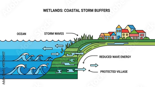 Wetlands Coastal Storm Buffers Diagram Illustration.