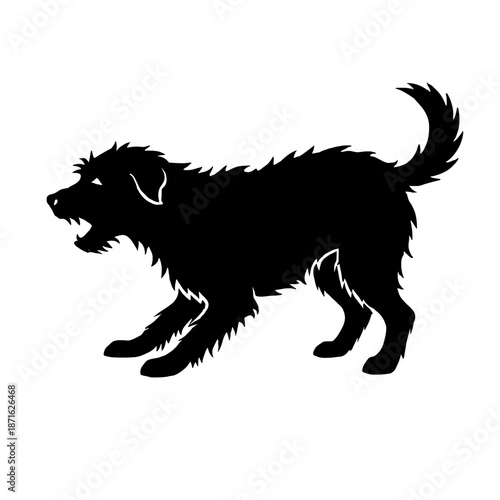 Shaggy barking dog vector silhouette crouching in aggressive or playful pose. Furry retriever or terrier mix growling. Angry furry animal isolated illustration.