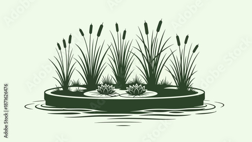 Cattails Growing in Pond Illustration.
