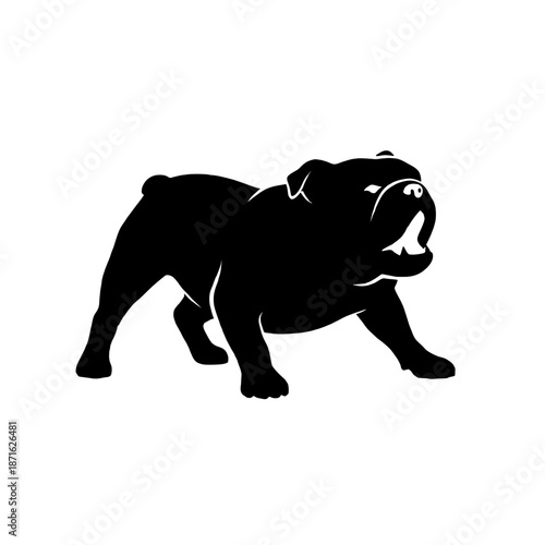 Angry bulldog vector silhouette standing in aggressive pose. Strong muscular barking dog growling. Tough guard dog mascot or security logo illustration.