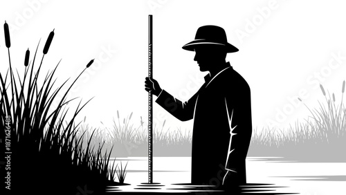 Man Standing in Water with Long Pole.
