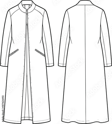 Technical fashion flat sketch of women long coat with funnel neck collar raglan shoulder detail front zip pockets and back