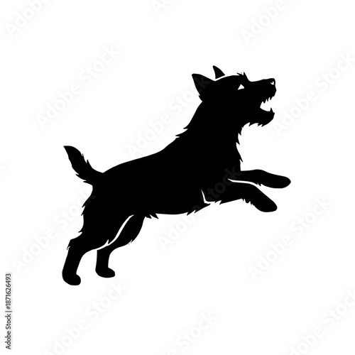 Active terrier dog barking and jumping vector silhouette, energetic small puppy running with open mouth, isolated black illustration of playful or aggressive canine behavior.