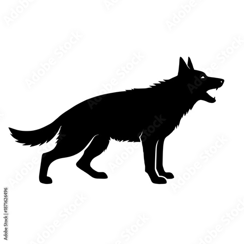 Black silhouette of barking dog vector illustration. Dark shadow of German Shepherd or Wolf howling. Side view canine animal shape. Isolated graphic for logo or tattoo design.