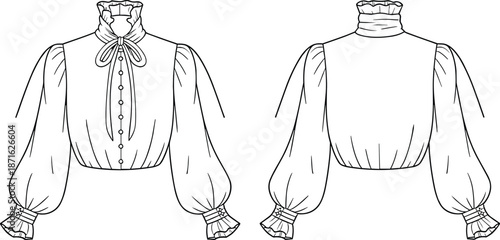 Technical fashion flat sketch of women long sleeve ruffle neck blouse with bow tie front button detail and smocked cuffs