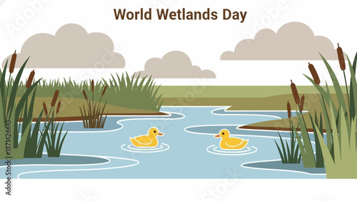 Two Yellow Ducks Swimming in Pond.