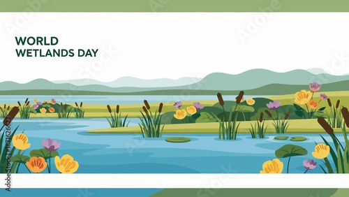 Wetlands Landscape with Water Lilies and Reeds.