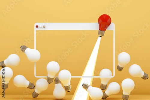 Fotografía Abstract 3D scene of light bulbs with one red bulb shining through a frame, symbolizing out of the box thinking, creative ideas, innovation, and standout concepts with copy space, 3d rendering