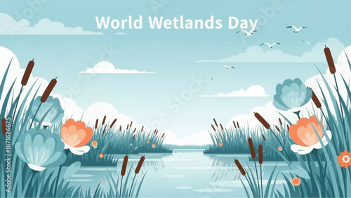 Illustration of Water Lilies and Cattails.