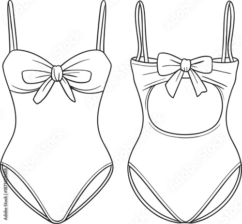 Technical fashion flat sketch of women one piece swimsuit with bow detail front cutout back and adjustable spaghetti shoulder straps