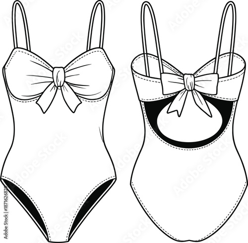 Technical fashion flat sketch of women one piece swimsuit with bow detail front cutout back and adjustable spaghetti shoulder straps