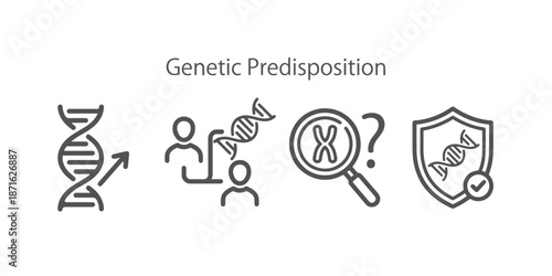 Genome Research and Biology Illustration. Outline Icons Representing Gene Therapy, Risk Analysis, and Evolution.