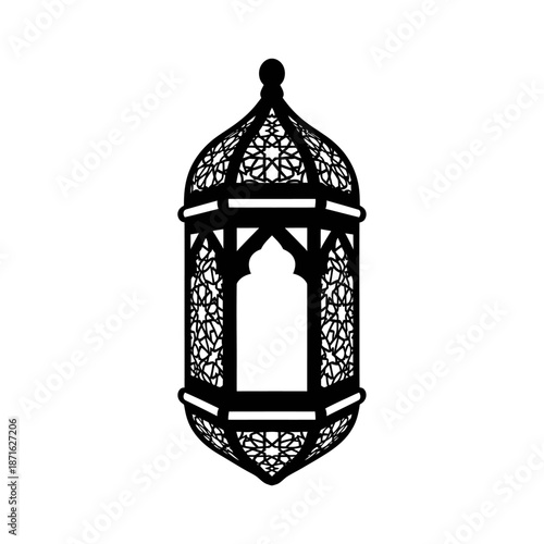 Intricate vintage lantern with elaborate lattice design hanging against plain