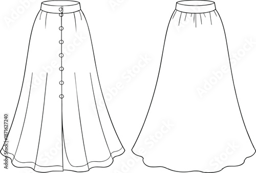Technical Flat Sketch of a Women’s Button Down A-Line Maxi Skirt with High Waistband and Flared Hem for Fashion Design