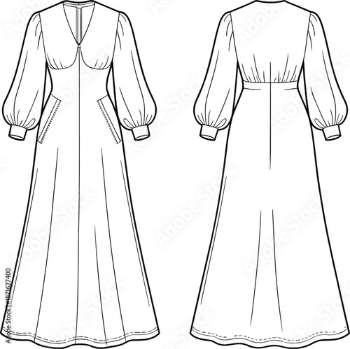 Technical Flat Sketch of Women’s Empire Waist Maxi Dress with Deep V Neck Puff Bishop Sleeves and Curved Inset Pockets