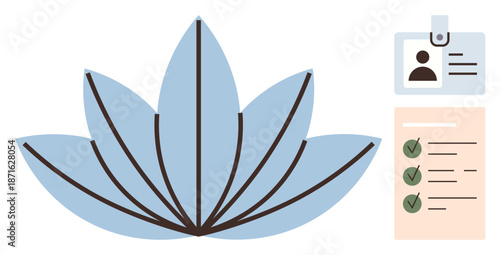 Self-improvement, identification, mindfulness, personal growth, documentation, wellness. Blue lotus with an ID card and checklist. Self-improvement and identification concept