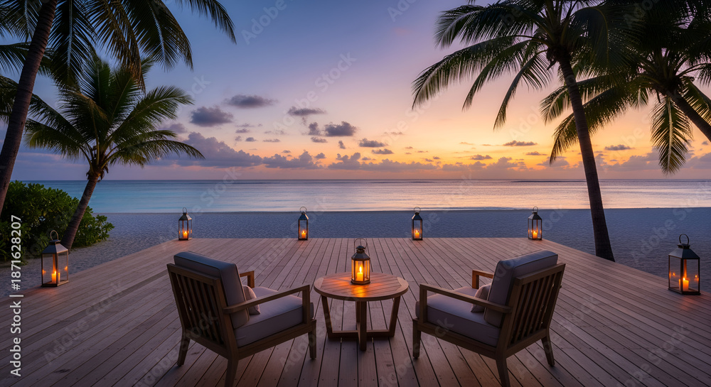 Fototapeta premium Romantic Beachfront Seating at Sunset with Palm Trees and Lanterns, Luxury Tropical Resort Atmosphere Perfect for Travel, Vacation, Honeymoon and Relaxing Seaside Lifestyle Concepts