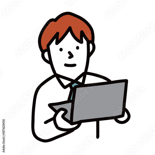 パソコンを持つ男性　企業で働く情シスのビジネスマン　イラストアバター