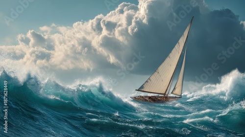 Sailing boat navigating stormy ocean waves