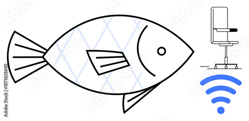 Digital connectivity, workplace technology, remote work, communication, innovation, minimalism. Line art fish, chair wireless icon. Connectivity and workplace technology concept