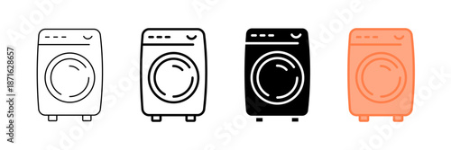 Set of minimalist washing machine icons with transparent background, depicting laundry appliances for home chores, cleaning service symbols, and household technology, vector illustration