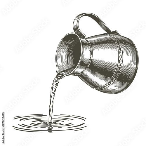 Water pouring from a metal pitcher into a puddle