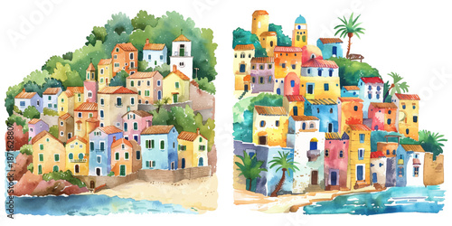 city on the coast watercolor vector illustration