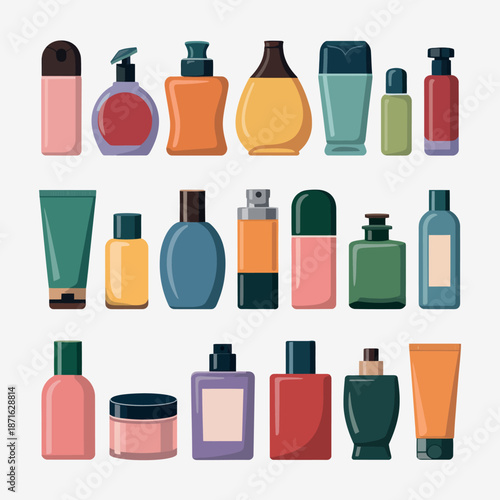 Collection of various cosmetic products in different bottles
