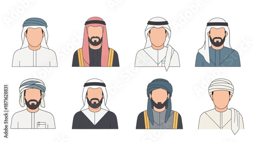 Vector icons Collection of Diverse Arab Men Avatars in Traditional Attire. EPS Editable