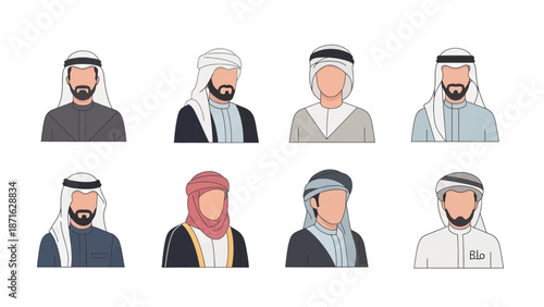 Vector icons Collection of Diverse Arab Men Portraits in Traditional Attire 2. EPS Editable