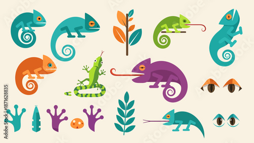 Vector icons Collection of Cute Chameleon Illustrations and Elements. EPS Editable