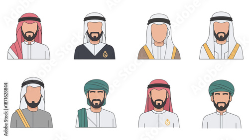 Vector icons Collection of Diverse Arab Men in Traditional Attire. EPS Editable