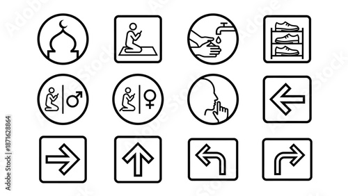 Vector icons Collection of Islamic and directional icons for signage and wayfinding. EPS Editable