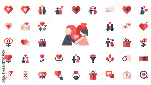 Vector icons Valentines Day Love and Romance Icon Set with Hearts Couples and Gifts. EPS Editable